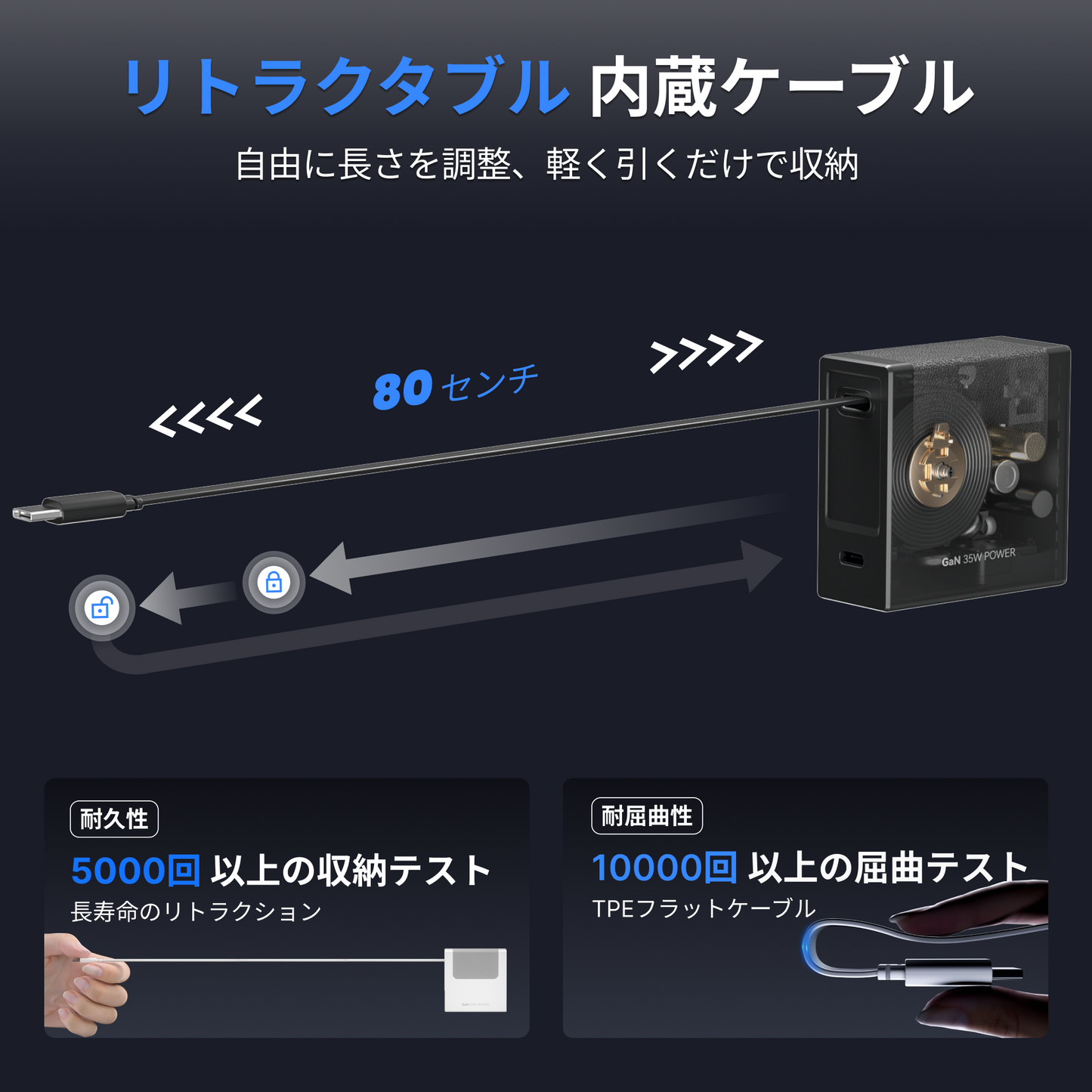Gitryin 3C対応 伸縮式充電器 - ホワイト/Lightningケーブル (40W)